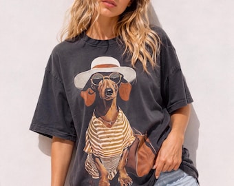 Cute Dachshund Dog T-Shirt,Funny Wiener Dog Graphic Tee,Unisex Dark Grey 100% Cotton Shirt,Sausage Dog Lover Gift, Vintage Puppy Streetwear