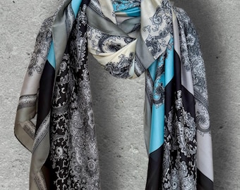 Sky Blue Paisley Silk Scarf,Long Luxury Silk Wrap for Women,Black & Ivory Lightweight Shawl,Ideal Gift for Her