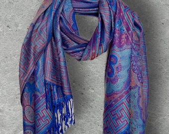 Royal Blue Purple Damask  Autumn Winter Scarf, Cotton Viscose Pashmina Style Shawl for Women, Ideal Gifts for Her