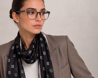 Black Silk Scarf with White Floral Print for Women,Luxury Shawl,Elegant Lightweight Wrap,Stylish Gift for Her.