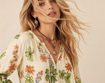 Cream Boho floral Blouse for Women with Half Sleeves,Spring Summer Shirts Top