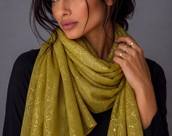 Light Green Cotton Scarf with Gold Leaf Vein Print,Lightweight Botanical Wrap,Long Soft Spring Summer Shawl for Womens