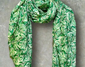 Chic Sketched Leaves Green Scarf with Gold Flakes.Perfect for Women,All Seasons,Ideal Gifts for Mother's Day, Birthday and Christmas.