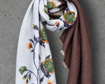 Light Blue & Chocolate Brown Double Sided Peony Winter Scarf, Elegant Wrap for Women, Cozy Gifts for Her