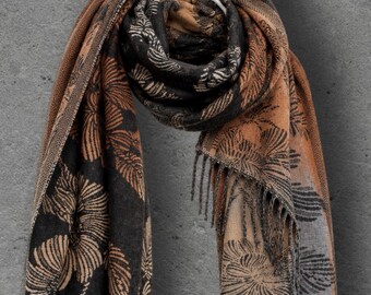 Reversible Black and Beige Floral Winter Scarf,  Ultra Soft Shawl for Women, Botanical Pattern Wrap, Warm Gifts for Her