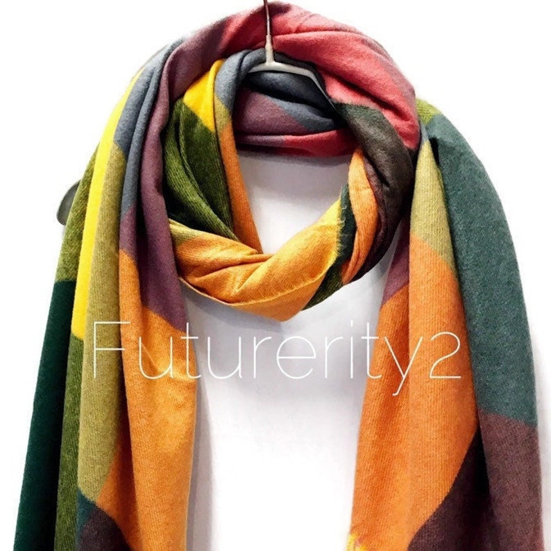 Blocks Pattern Orange Green Cashmere Blend Scarf/Winter Autumn Scarf/Gifts For Mother/Gifts For Her/Scarves Women/Christmas Birthday Gifts image 1