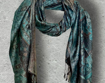 Dark Teal Green and Black Paisley Autumn Winter Scarf, Floral Shawl with Beige Details, Cotton Viscose Blend Wrap for Women