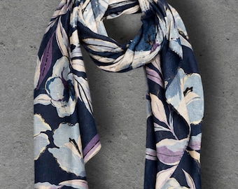 Navy Blue Floral Print Autumn Winter Scarf, Lightweight Cotton Wrap, Lilac Botanical Shawl for Women, Ideal Gift for Her