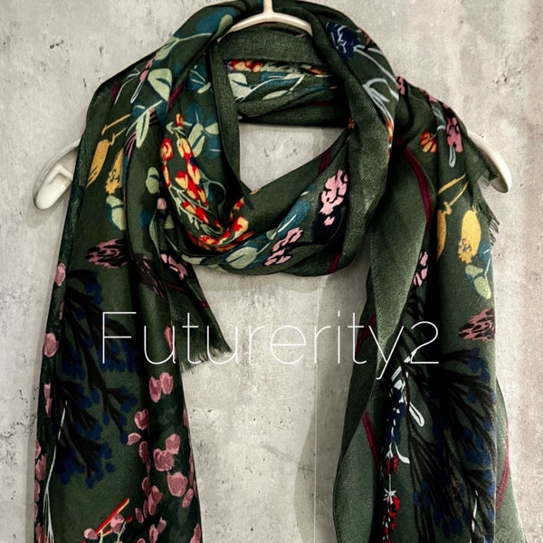 Multi Flowers Stem Green Cotton Scarf/Spring Summer Autumn Scarf/Gifts For Mum/Gifts For Her/Birthday Christmas Gifts/UK Seller