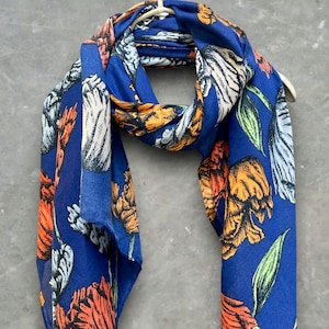 Milieuvriendelijke geschetste papegaaitulpen bloem katoenblauwe sjaal/zomer herfst sjaal/cadeaus voor moeder/cadeaus voor haar verjaardag kerstmis/sjaal vrouwen