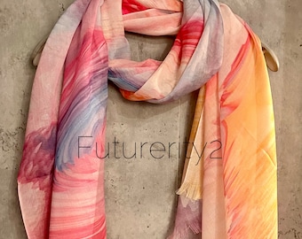 Abstract Pattern Pink Orange Cotton Blend Scarf/Summer Autumn Scarf/Gifts For Mom/Scarf Women/Gifts For Her Birthday Christmas/UK Seller