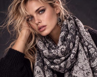 Charcoal Grey Monochrome Paisley Winter Scarf, Reversible Ornate Wrap, Ultra Soft Bohemian Shawl, Thoughtful Gift for Womens