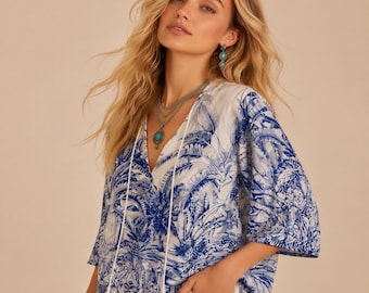 Bohemian Blue Tropical Boho Women Blouse,Botanical Print Tunic Top,Loose Fit Beach Summer Vacation Shirt.