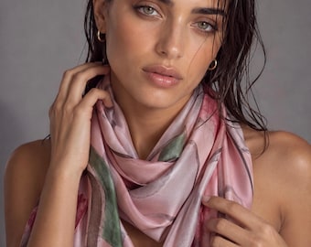 Blush Pink Floral Silk Scarf for Women,Lightweight Long Silk Wrap,Watercolour Flower Print Shawl,Romantic Gift for Her