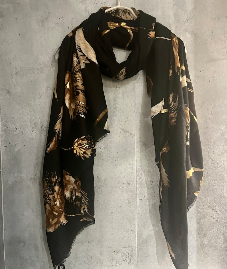 Thistle Flowers Gold Dusk Black Cotton Scarf/Spring Summer Autumn Scarf/Scarf Women/Gift For Her Birthday Christmas/Gifts For Mum/UK Seller image 2