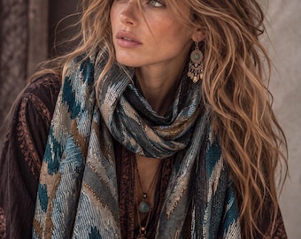 Teal Blue Abstract Winter Scarf, Ultra Soft Shawl, Warm Bohemian Zigzag Pattern Wrap for Women, Unique Christmas Gift for Her