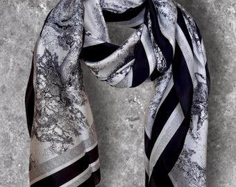 Schwarzer Seidenschal für Frauen mit Toile de Jouy Print, leichte Sommerverpackung, eleganter Vintage-Stil, langer Schal, tolles Geschenk für Sie