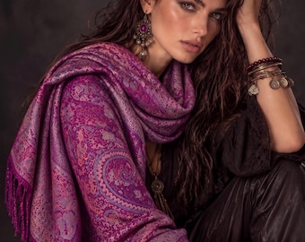 Magenta Paisley Scarf, Plum Floral Autumn Shawl in Cotton Viscose Blend with Fringed Edges, Ideal Gifts for Her