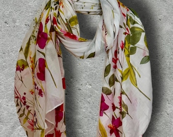 Wildflower Cotton Scarf for Women,Soft Botanical Print Wrap,Lightweight Florals Summer Shawl with Tassels,Great Gifts for Her