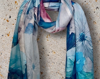 Blue watercolour Poppy Flowers Cotton Scarf,Lightweight Spring Summer Shawl, Soft Wrap for Women,Great Gift for Her
