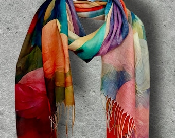 Watercolour Poppy Flower Scarf, Oversized Floral Cotton Shawl for Women, Lightweight Botanical Wrap,Soft Spring Summer Scarf,Gift for Her