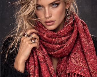 Red Paisley Reversible Winter Scarf, Bohemian Wrap Vintage Ornamental Shawl, Soft Warm Women Gift