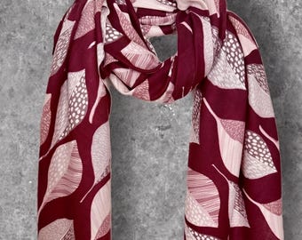 Burgundy Red Botanical Leaves Cotton Scarf for Women,All Season Wrap, Elegant Lightweight Shawl,Great Gift for Her