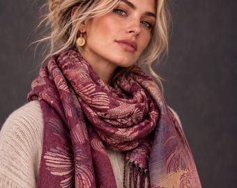 Reversible Burgundy Floral Winter Scarf, Blush Pink Botanical Shawl for Women, Ultra Soft Cozy Wrap, Gifts for Her