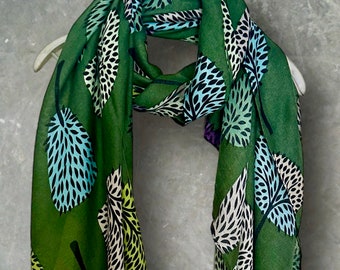 Stijlvolle groene katoenen sjaal met botanische print voor dames, perfect voor alle seizoenen, ideale cadeaus voor haar, moeder, verjaardagen en Kerstmis
