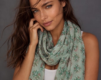 Mint Green Botanical Cotton Scarf,Lightweight Summer Wrap,Bohemian Floral Shawl with Tassels,Elegant Gift for Her