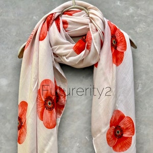 Poppy Flowers White Cotton Scarf/Summer Autumn Winter Scarf/Scarf Women/Gifts For Her/Birthday Christmas Gifts/Gifts For Mother