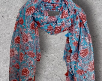 Turquoise Blue Floral Scarf,Lightweight Spring Summer Shawl,Soft Cotton Tassel Wrap for Women,Great Gift for Her