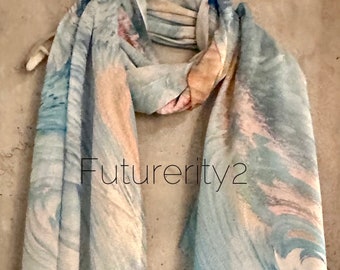 Abstract Pattern Blue Beige Cotton Blend Scarf/Summer Autumn Scarf/Gifts For Mom/Scarf Women/Gifts For Her Birthday Christmas/UK Seller