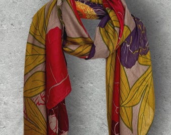 Colorful Floral Women Scarf in Olive Green with Peony Print,All Season Women Shawl,Lightweight Wrap,Great Gift for Her Birthday or Christmas