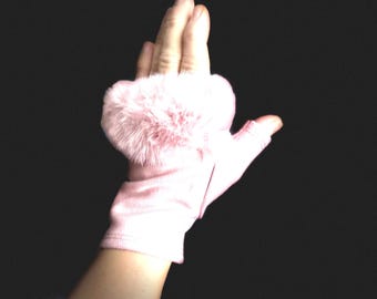 Light Pink Faux Suede Fingerless Gloves with Faux Fur details,Winter Gloves,Women Gloves,Great Gifts for Mom,Her,Birthday and Christmas