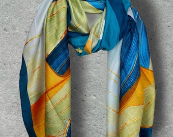 Green Blue Abstract Brushstrokes Print Long Silk Scarf for Women,Lightweight Spring Summer Shawl,Luxury Gift for Her