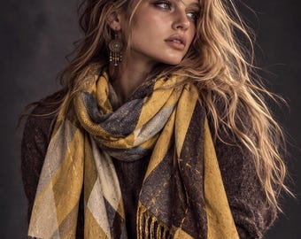 Mustard Argyle Reversible Winter Scarf, Yellow Brown Diamond Wrap, Soft Warm Fringe Shawl, Unisex Autumn Accessory