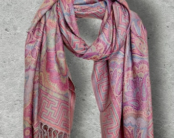 Dusty Pink and Blue Damask Florals Autumn Winter Scarf, Pashmina Style Shawl in Cotton Viscose Blend, Ultra Soft Women Wrap