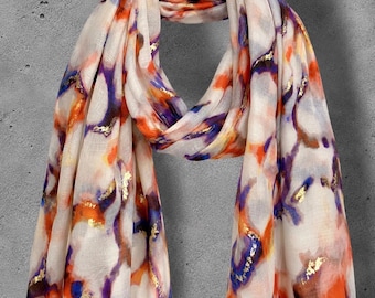 Abstract Orange & White Cotton Scarf with Gold Accents for Women,Lightweight Watercolour Print Shawl,Artistic Summer Wrap,Ideal Gift for Her