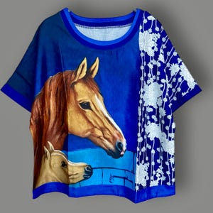 Handmade Women Blouse with Horse and Floral Print in Blue,Unique Gift for Horse Lovers,Ideal for Spring Summer Vacation and Gifts for Her.
