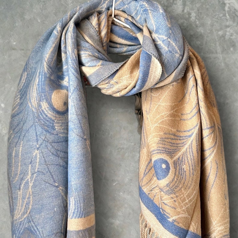 Cashmere Scarf in Light Blue and Beige with Feather Pattern,Winter Scarf,A Luxurious Gift for Mom,Her,Birthday and Christmas. image 1