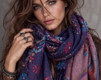 Purple Blue Reversible Bohemian Winter Scarf,  Featuring Tree and Floral Patterns, Soft Cozy Wrap for Women, Thoughtful Gift for Her