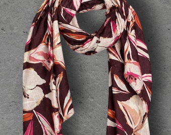 Burgundy Pink Floral Print Scarf, Lightweight Autumn Shawl, Cream Botanical Wrap for Women, Great Gift for Her