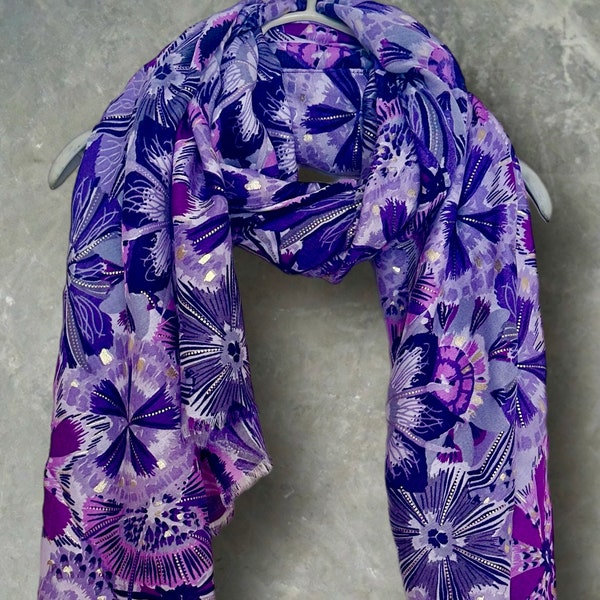 Bohemian-Inspired Purple Scarf Featuring Foliage Motif Print with Gold Accents,Ideal Gifts for Her Birthday,for All Seasons and Any Occasion