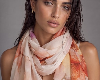 Orange Watercolour Flower Print Cotton Beige Scarf for Women,Lightweight Soft summer Wrap,Elegant Long Shawl,Gift for Her