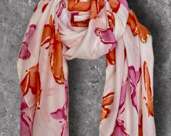 Pink Butterfly Print Cotton Scarf for Women,Lightweight Summer Shawl with Gold Foil Accents.