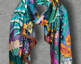 Turquoise Zebra Print Scarf, Colourful Tropical Floral Wrap with Brown Border