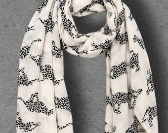 Ivory White Leopard Print Scarf, Lightweight Autumn Shawl, Animal Motif Wrap for Women, Thoughtful Gift for Her