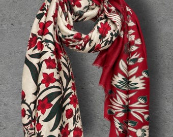 Off White and Red Heritage Garden Floral Reversible Winter Scarf, Ultra Soft Botanical Wrap, Cozy Gifts for Her