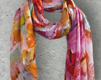 Pink Multicolour Brushstroke Print Cotton Scarf,Lightweight Wrap for Women,All Season Shawl,Ideal Gifts for Her Birthday or Christmas